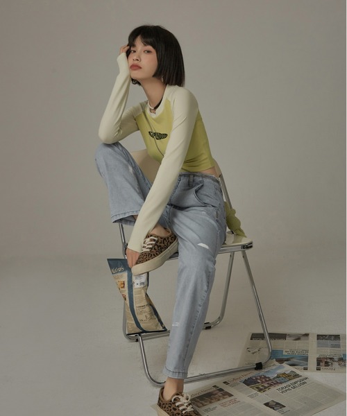 chuu(チュー)の「CHUU インディクロップロングTシャツ(Tシャツ/カットソー・レディース・ブラック/イエロー・FREE)」の9枚目の写真