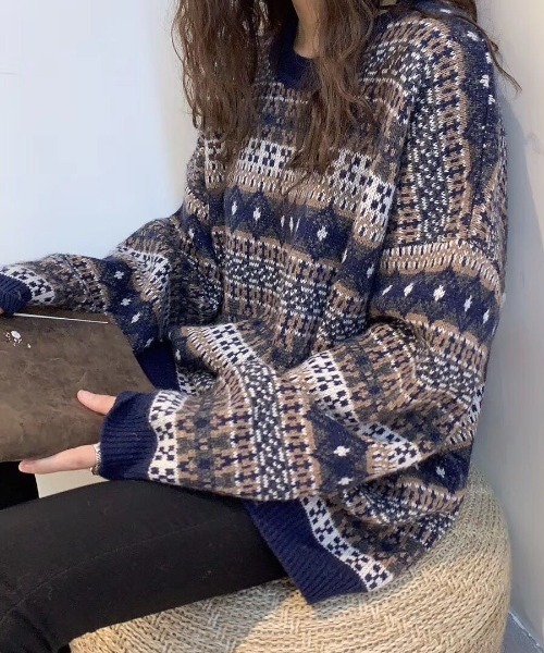 Loco Ocean(ロコオーシャン)の「ノルディック柄 ラウンドネック ドロップショルダーニット(ニット/セーター・レディース・ベージュ/ネイビー/オフホワイト/モカ・FREE)」の9枚目の写真