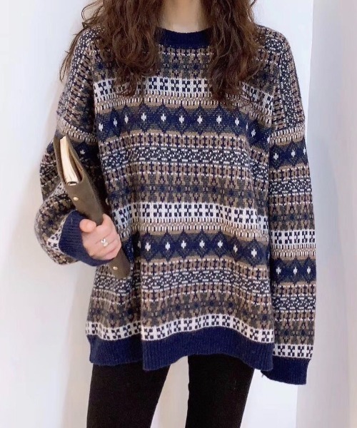 Loco Ocean(ロコオーシャン)の「ノルディック柄 ラウンドネック ドロップショルダーニット(ニット/セーター・レディース・ベージュ/ネイビー/オフホワイト/モカ・FREE)」の10枚目の写真