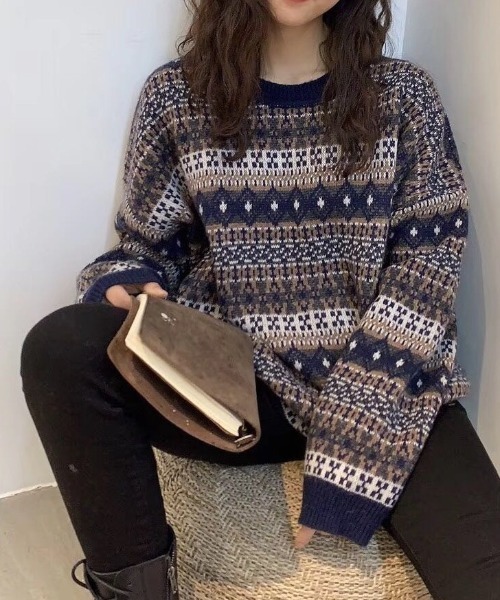 Loco Ocean(ロコオーシャン)の「ノルディック柄 ラウンドネック ドロップショルダーニット(ニット/セーター・レディース・ベージュ/ネイビー/オフホワイト/モカ・FREE)」の5枚目の写真