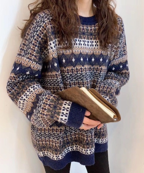 Loco Ocean(ロコオーシャン)の「ノルディック柄 ラウンドネック ドロップショルダーニット(ニット/セーター・レディース・ベージュ/ネイビー/オフホワイト/モカ・FREE)」の14枚目の写真