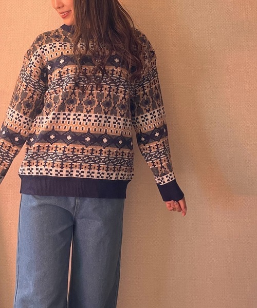 Loco Ocean(ロコオーシャン)の「ノルディック柄 ラウンドネック ドロップショルダーニット(ニット/セーター・レディース・ベージュ/ネイビー/オフホワイト/モカ・FREE)」の16枚目の写真