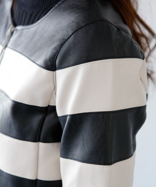 M.deux（エムドゥ）の「フェイクレザーノーカラージャケット（ライダースジャケット・レディース・ブラック/ブラック×ホワイト・MEDIUM）」の12枚目の写真