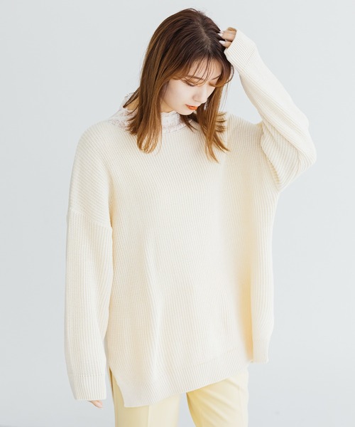 ZAKKA-BOX(ザッカボックス)の「ざっくりチュニック丈サイドスリットニット(ニット/セーター・レディース・ネイビー/ラベンダー/イエロー系/アイボリー・FREE)」の1枚目の写真