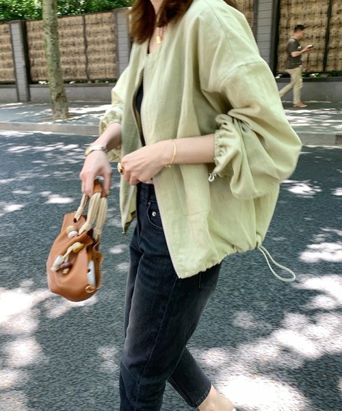 IENA ノーカラーリネンブルゾン 美品 ノーカラーギャザーZIPブルゾン（ブルゾン）｜VERMEIL par iena