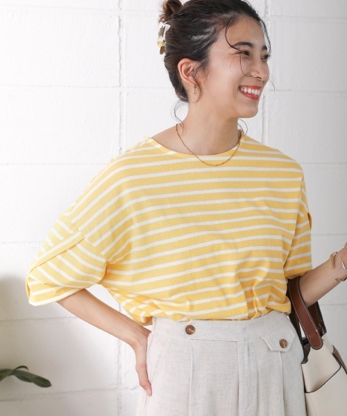 Bou Jeloud(ブージュルード)の「ボーダーコクーンスリーブトップス(Tシャツ/カットソー・レディース・ブラック/ピンク/イエロー・FREE)」の4枚目の写真