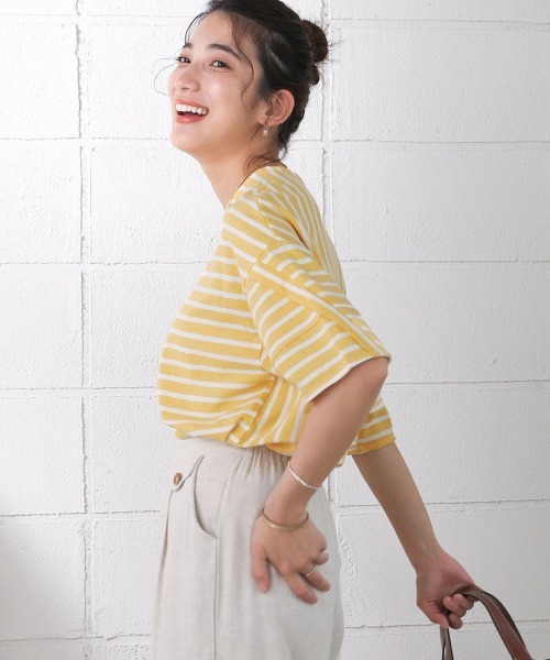 Bou Jeloud(ブージュルード)の「ボーダーコクーンスリーブトップス(Tシャツ/カットソー・レディース・ブラック/ピンク/イエロー・FREE)」の8枚目の写真