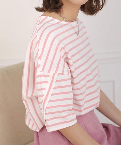 Bou Jeloud(ブージュルード)の「ボーダーコクーンスリーブトップス(Tシャツ/カットソー・レディース・ブラック/ピンク/イエロー・FREE)」の16枚目の写真