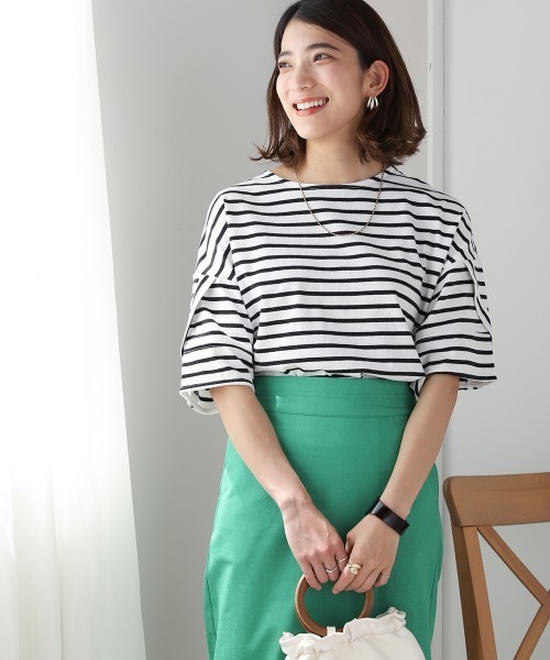 Bou Jeloud(ブージュルード)の「ボーダーコクーンスリーブトップス(Tシャツ/カットソー・レディース・ブラック/ピンク/イエロー・FREE)」の11枚目の写真