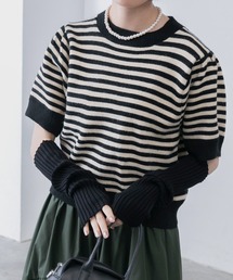 BONLECILL（ボンルシール）の「半袖ボーダー パフスリーブニットプルオーバー（ニット/セーター）」