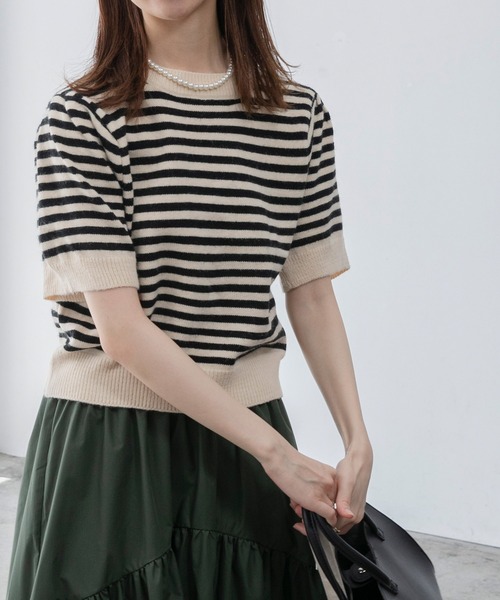 BONLECILL（ボンルシール）の「半袖ボーダー パフスリーブニットプルオーバー（ニット/セーター・レディース・ブラック/ベージュ・FREE）」の17枚目の写真