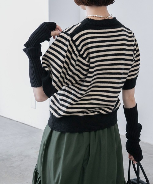BONLECILL（ボンルシール）の「半袖ボーダー パフスリーブニットプルオーバー（ニット/セーター・レディース・ブラック/ベージュ・FREE）」の9枚目の写真