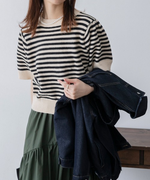 BONLECILL（ボンルシール）の「半袖ボーダー パフスリーブニットプルオーバー（ニット/セーター・レディース・ブラック/ベージュ・FREE）」の20枚目の写真