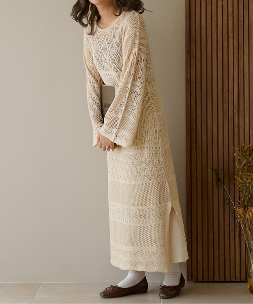 Ambre Neige（アンブルネージュ）の「パッチワークニットワンピース／WEB/EC限定商品（ワンピース・レディース・ベージュ/アイボリー・FREE）」の17枚目の写真