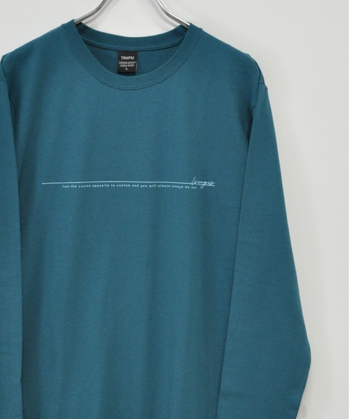 TRAP/U (トラップユー)の「16/-天竺 フロント メッセージプリント コットン ロング Tシャツ TRAP/U(Tシャツ/カットソー・メンズ・グレイッシュブルー/ブラック/ホワイト・L)」の3枚目の写真