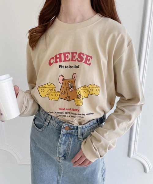 tシャツ TOM＆JERRY/トムとジェリー/ジェリー/CHEESE/ロングスリーブTシャツ/映画/キャラクター レディース TOM&JERRY/トムとジェリー/ジェリー/CHEESE/ロングスリーブT