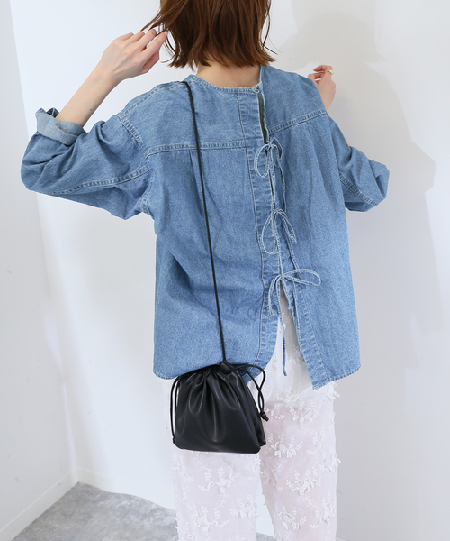 美品　スローブイエナ　LE DENIMクロップドシャツ　サックスブルーB LE DENIM BK RIBBONプルオーバー（シャツ/ブラウス）｜SLOBE