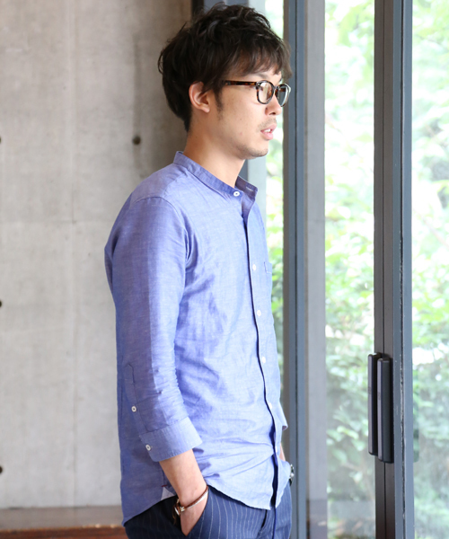 MEN'S MELROSE（メンズメルローズ）の「コットンリネンスラブ7分袖バンドカラーシャツ（シャツ/ブラウス・メンズ・ホワイト/ブルー/ストライプ/チェック・MEDIUM/LARGE/X-LARGE）」の3枚目の写真