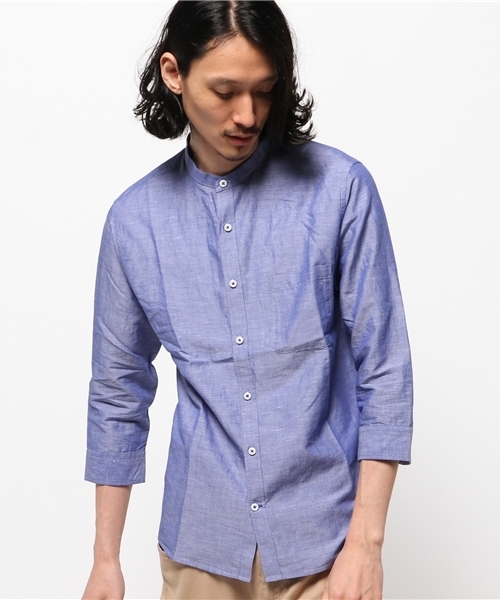 MEN'S MELROSE（メンズメルローズ）の「コットンリネンスラブ7分袖バンドカラーシャツ（シャツ/ブラウス・メンズ・ホワイト/ブルー/ストライプ/チェック・MEDIUM/LARGE/X-LARGE）」の18枚目の写真