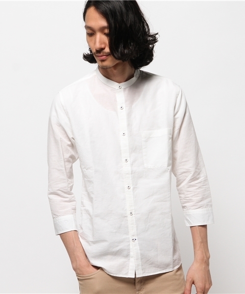 MEN'S MELROSE（メンズメルローズ）の「コットンリネンスラブ7分袖バンドカラーシャツ（シャツ/ブラウス・メンズ・ホワイト/ブルー/ストライプ/チェック・MEDIUM/LARGE/X-LARGE）」の2枚目の写真