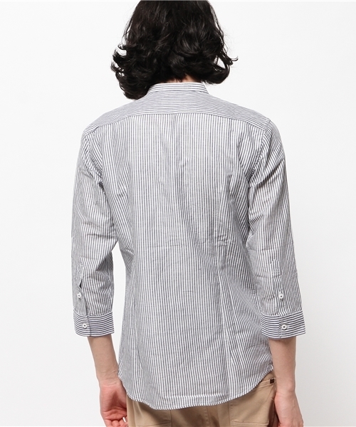 MEN'S MELROSE（メンズメルローズ）の「コットンリネンスラブ7分袖バンドカラーシャツ（シャツ/ブラウス・メンズ・ホワイト/ブルー/ストライプ/チェック・MEDIUM/LARGE/X-LARGE）」の12枚目の写真