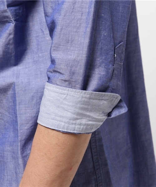 MEN'S MELROSE（メンズメルローズ）の「コットンリネンスラブ7分袖バンドカラーシャツ（シャツ/ブラウス・メンズ・ホワイト/ブルー/ストライプ/チェック・MEDIUM/LARGE/X-LARGE）」の9枚目の写真