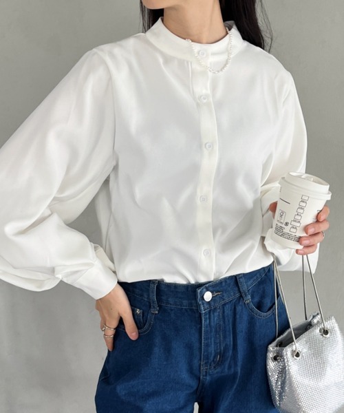 CLEA（クレア）の「ボリューム袖バンドカラーブラウス（シャツ/ブラウス・レディース・ダークブルー/ベージュ/ホワイト/ブラック・FREE）」の6枚目の写真