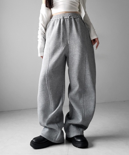 裏起毛 】カーブラインサイドタックワイドスウェットパンツ