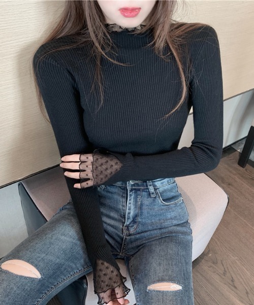 FREE STYLISTS(フリー スタイリスト)の「YUGA_YGMC レースフリル ドッキングリブトップス(ニット/セーター・レディース・オフホワイト/ブラック/ホワイト・FREE)」の3枚目の写真