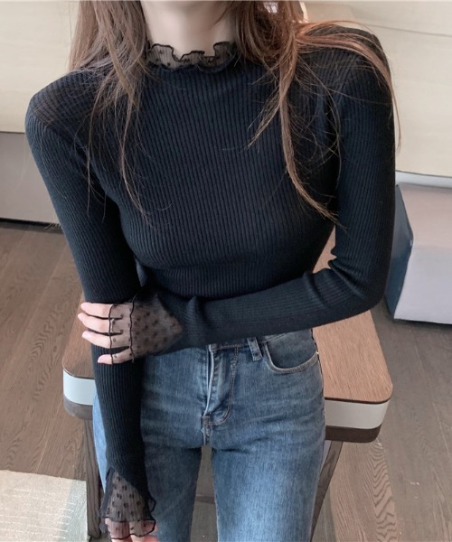 FREE STYLISTS(フリー スタイリスト)の「YUGA_YGMC レースフリル ドッキングリブトップス(ニット/セーター・レディース・オフホワイト/ブラック/ホワイト・FREE)」の13枚目の写真