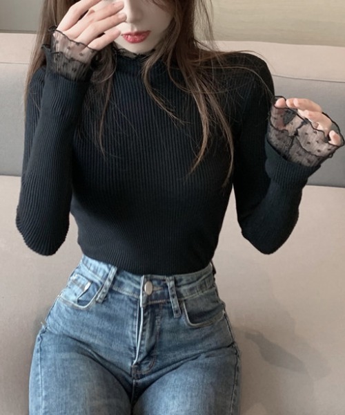 FREE STYLISTS(フリー スタイリスト)の「YUGA_YGMC レースフリル ドッキングリブトップス(ニット/セーター・レディース・オフホワイト/ブラック/ホワイト・FREE)」の14枚目の写真
