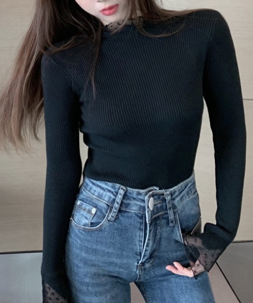 FREE STYLISTS(フリー スタイリスト)の「YUGA_YGMC レースフリル ドッキングリブトップス(ニット/セーター・レディース・オフホワイト/ブラック/ホワイト・FREE)」の15枚目の写真