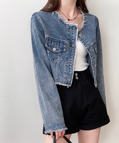 LADY LIKE(レディライク)の「ノーカラーフリンジデニムジャケット(デニムジャケット・レディース・ブルー・M)」の11枚目の写真