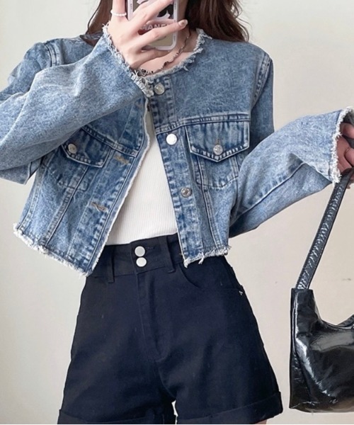 LADY LIKE(レディライク)の「ノーカラーフリンジデニムジャケット(デニムジャケット・レディース・ブルー・M)」の12枚目の写真