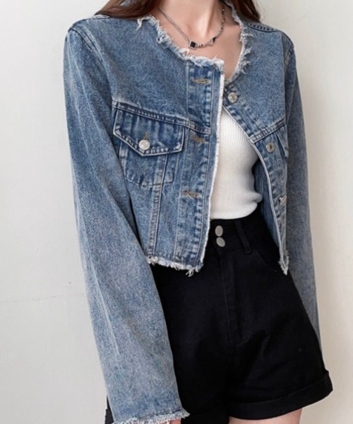 LADY LIKE(レディライク)の「ノーカラーフリンジデニムジャケット(デニムジャケット・レディース・ブルー・M)」の20枚目の写真