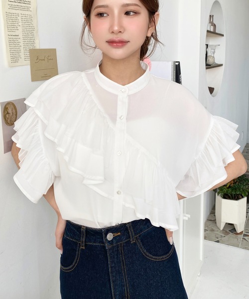 moment+(モーメントプラス)の「シフォンジョーゼット半袖ダブルフリルブラウス(シャツ/ブラウス・レディース・オフホワイト/ピンク/サックスブルー/ブラック/イエロー・M/L)」の22枚目の写真