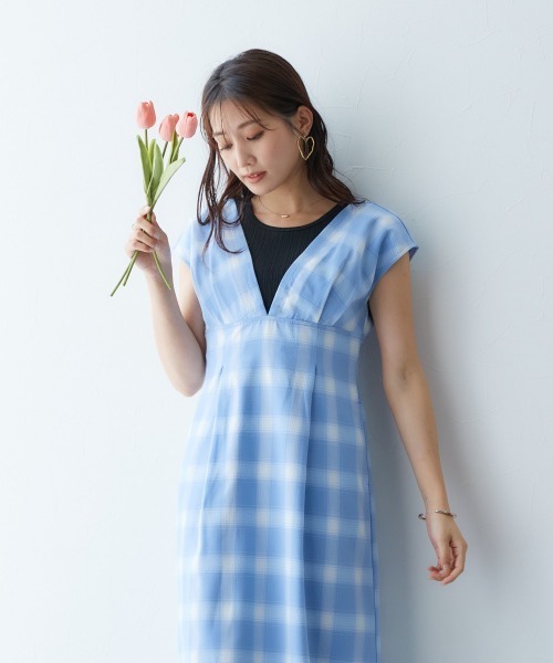 Petitjo（プッチージョ）の「小さいサイズ　チェック柄ワンピース低身長さん・小柄女性（ワンピース・レディース・ブルー/ブラウン・PSS/PS/PM/PL）」の3枚目の写真