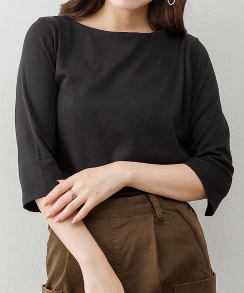 LARU(ラルー)の「7分丈 ボートネック トップス(Tシャツ/カットソー・レディース・杢グレー/オフホワイト/ブラック・L/M)」の6枚目の写真