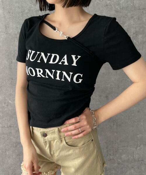 dispark（ディスパーク）の「DISPARK/ストラップ付きデザイントップス（Tシャツ/カットソー・レディース・ホワイト/ブラック・FREE）」の2枚目の写真