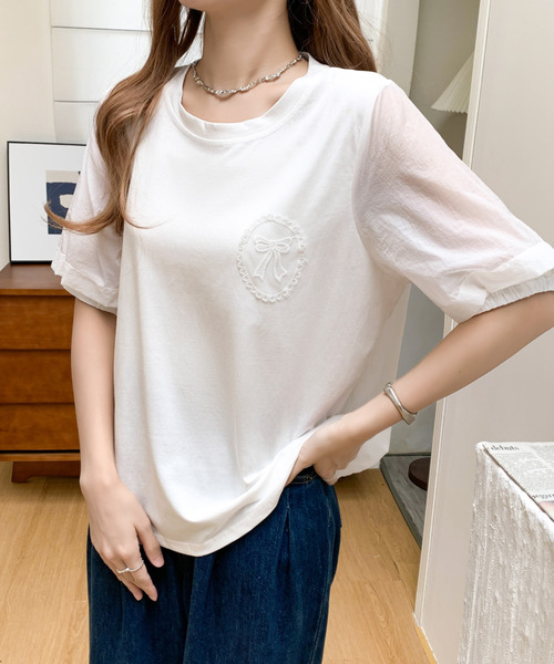 BANNER SELECT(バナーセレクト)の「リボン刺繍デザインオーバーサイズTEE(Tシャツ/カットソー・レディース・ホワイト/ブラック・FREE)」の7枚目の写真
