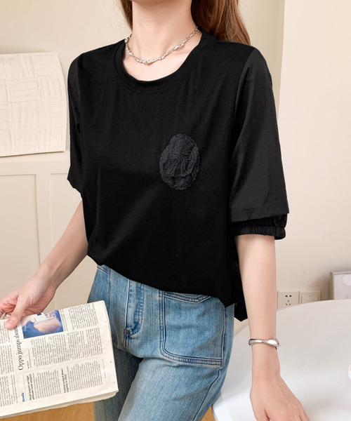 BANNER SELECT(バナーセレクト)の「リボン刺繍デザインオーバーサイズTEE(Tシャツ/カットソー・レディース・ホワイト/ブラック・FREE)」の13枚目の写真