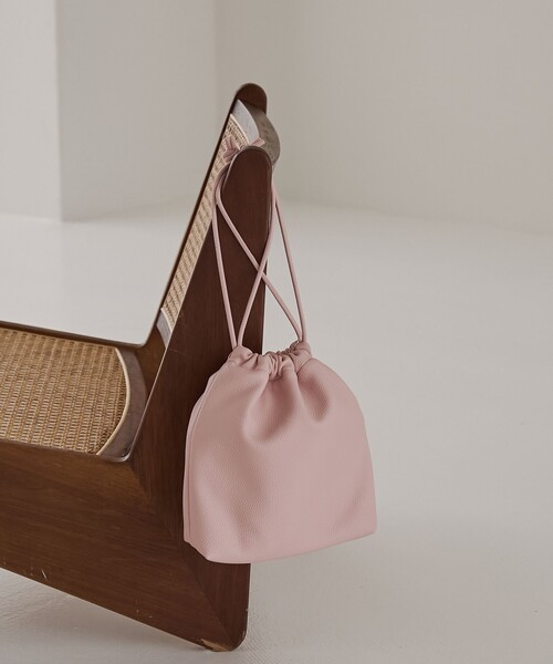 レザー巾着ショルダーバッグ　Lサイズ　ブラウン LURAKU】Synthetic Leather Drawstring Bag/合皮レザー巾着