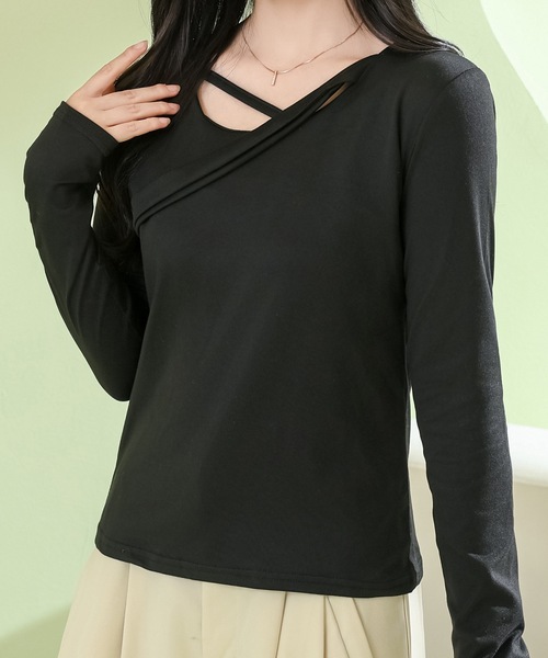 Lace Ladies(レースレディース)の「ソリッドカラー クロス ラウンドネック 長袖 プルオーバー(Tシャツ/カットソー・レディース・ブラック/ホワイト/グレイッシュベージュ・M/XL)」の3枚目の写真