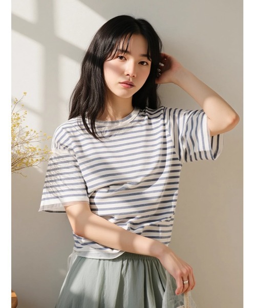 Edit Sheen(エディットシーン)の「チュール×ボーダーTシャツ(Tシャツ/カットソー・レディース・ブラック/ホワイト・M)」の1枚目の写真