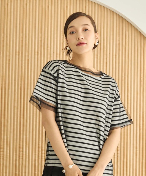 Edit Sheen(エディットシーン)の「チュール×ボーダーTシャツ(Tシャツ/カットソー・レディース・ブラック/ホワイト・M)」の2枚目の写真