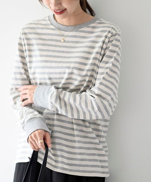 rps(アールピーエス)の「クルーネックボーダー長袖Tシャツ(Tシャツ/カットソー・レディース・ブラック/杢グレー/グリーン/ベージュ・フリー)」の3枚目の写真