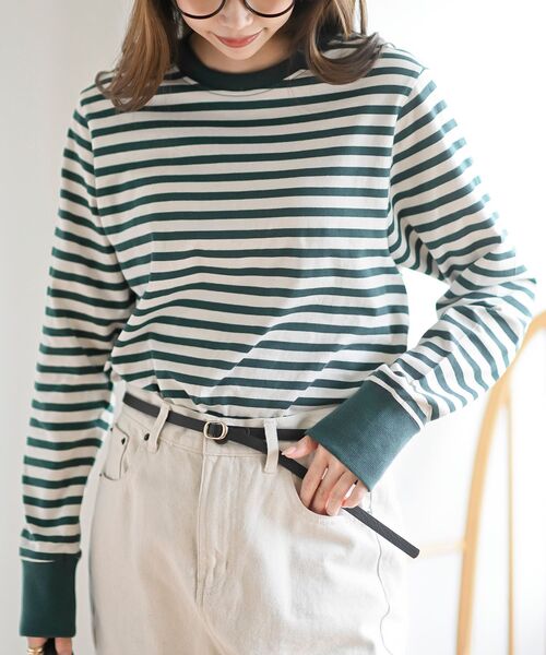 rps(アールピーエス)の「クルーネックボーダー長袖Tシャツ(Tシャツ/カットソー・レディース・ブラック/杢グレー/グリーン/ベージュ・フリー)」の4枚目の写真
