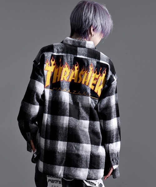 ブラウス シャツ 「THRASHER/スラッシャー」ファイアーロゴバック刺繍ルーズサイズ 長袖チェックシャツネルシャツ レディース メンズ セール】『THRASHER/スラッシャー』ファイアーロゴバック刺繍