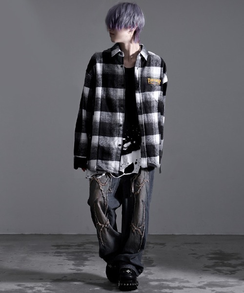ブラウス シャツ 「THRASHER/スラッシャー」ファイアーロゴバック刺繍ルーズサイズ 長袖チェックシャツネルシャツ レディース メンズ セール】『THRASHER/スラッシャー』ファイアーロゴバック刺繍