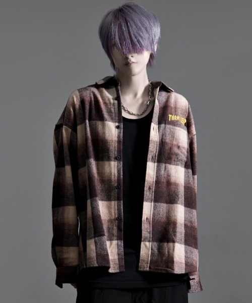 ブラウス シャツ 「THRASHER/スラッシャー」ファイアーロゴバック刺繍ルーズサイズ 長袖チェックシャツネルシャツ レディース メンズ 000000023098-01.jpg?t=